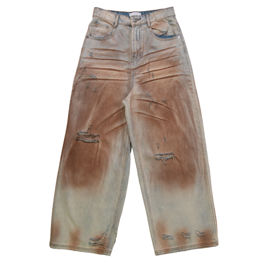 distressed mud wash jeans