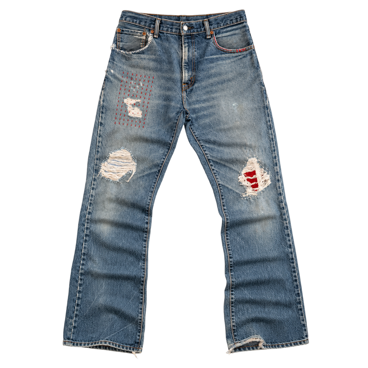 patched distressed bootcut denim