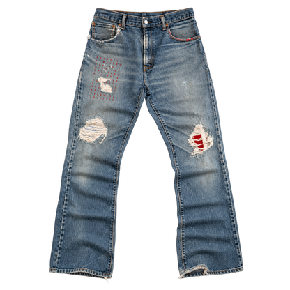 patched distressed bootcut denim