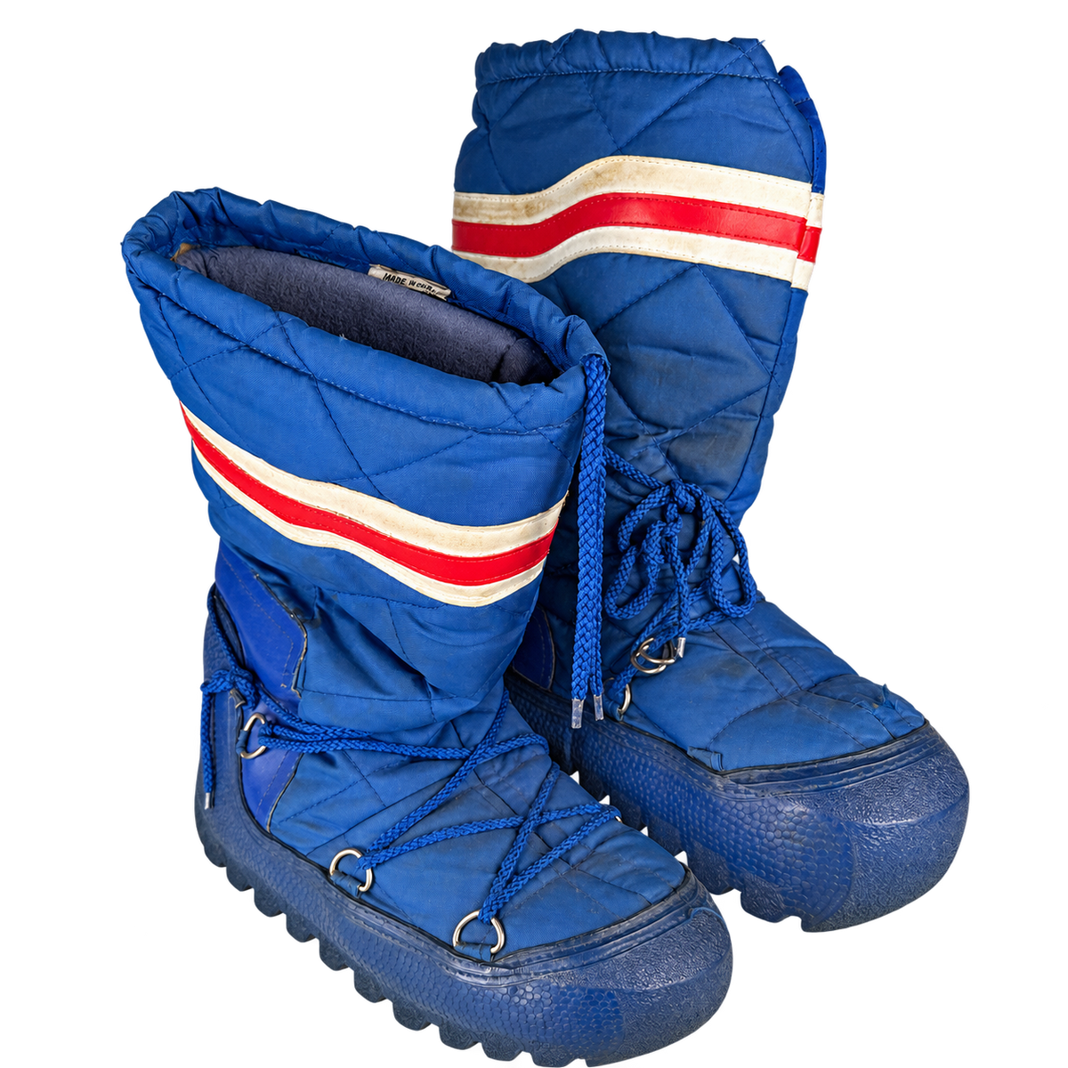 vintage blue quilted snow boots
