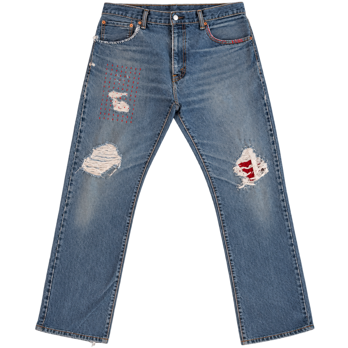 patched distressed bootcut denim