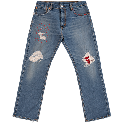 patched distressed bootcut denim