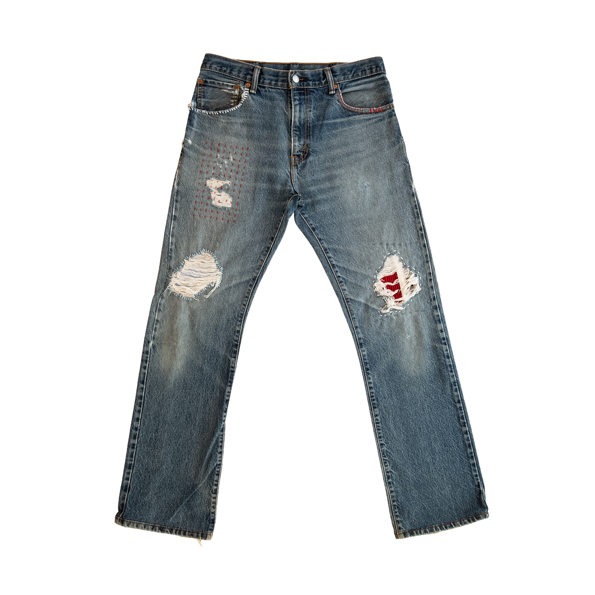 patched distressed bootcut denim