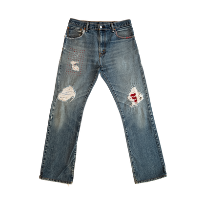 patched distressed bootcut denim